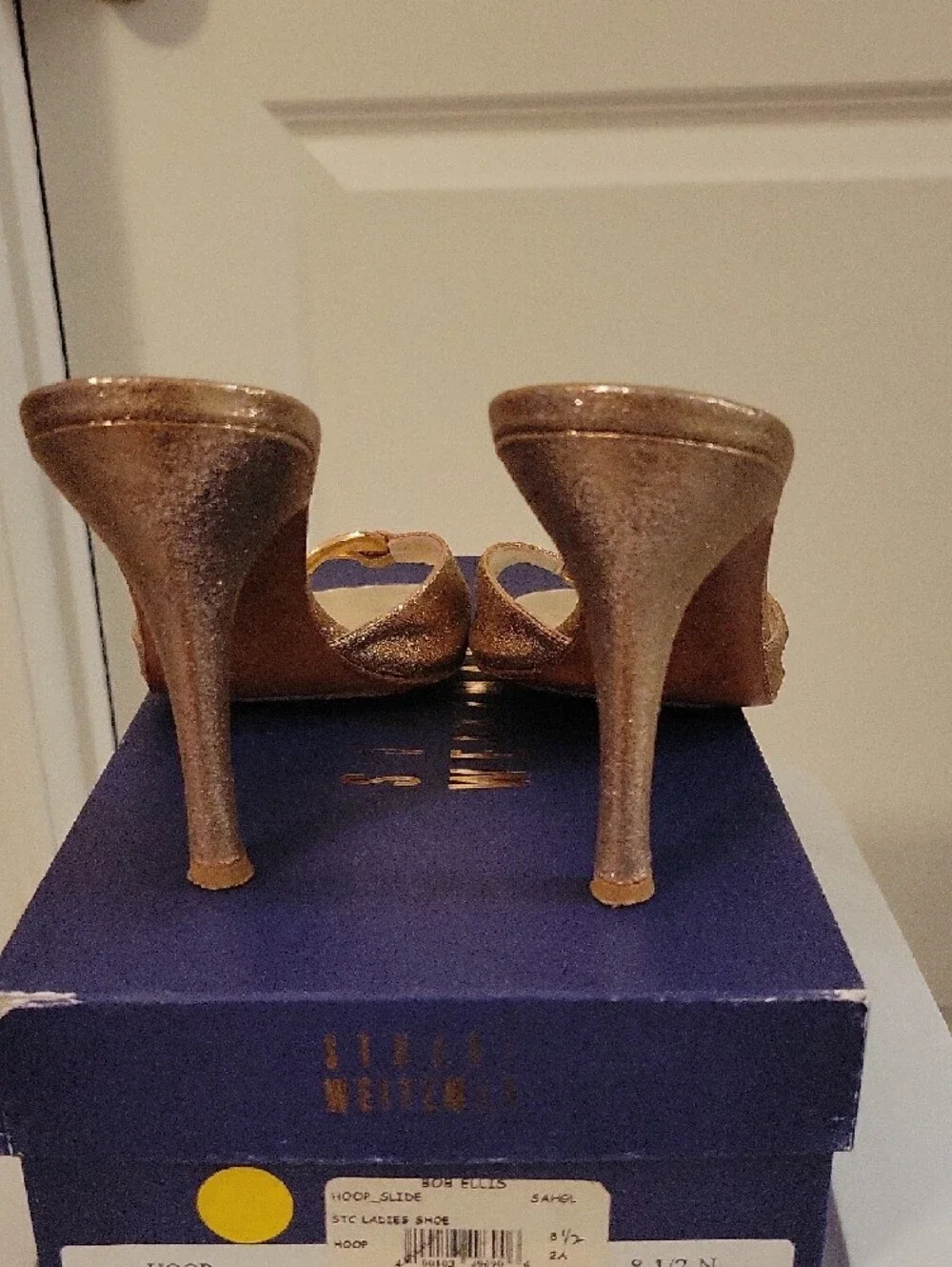 Stuart Weitzman Rose Gold Glitter Slide Mules with Crystal Link - Picture 2 of 7